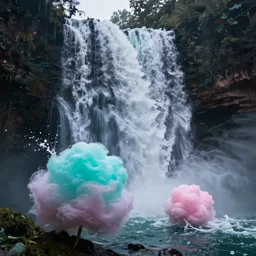 a dramatic photo of a waterfall made of cotton candy. paint splashes. moody and melancholy. with a little bit of cyan and pink.