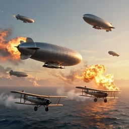 multiple flying airships with heavy weaponry, battle, ww 2, fire, explosions in the air, biplanes, steampunk, ocean sunrise, greg rutowski, trending on artstation