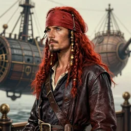 portrait of a male pirate with long red hair!!!!!!, upper body, loose braids, handsome, leather coat, side profile, Steampunk airship!!!!!!!, D&D, fantasy, simple clothing!!!!, elegant, highly detailed, digital painting, deviantart, artstation, concept art, sharp focus, illustration, art by Artgerm and Greg Rutkowski and Alphonse Mucha
