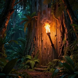 lot torch by night in the tropical jungle the wall wood fortress borderland style vivid colorful  Hyperrealistic CGI Photorealistic cinematic volume lighting fanart on ArtStation  concept art