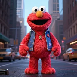 Cinema4d 3d octane render of giant Elmo from sesame street being dressed up as a 90’s rapper. in New York City, highly detailed, 4K, moody lighting