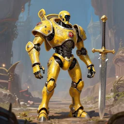 tall strong intricate yellow pit droid holding large paladin medieval shield!!! and a long medieval engraved powerful great sword, pancake short large head painterly humanoid mecha, beautiful fantasy background by Greg Rutkowski