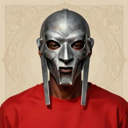portrait of mf doom, gray - dr. doom metal steel mask, dark skin showing underneath. red t - shirt, beige complex background, intricate, elegant, highly detailed, digital painting, artstation, concept art, smooth, sharp focus, illustration, by anato finnstark, boissb - blanca. j, cindy avelino, clint cearley, anna podedworna