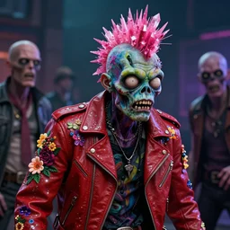 action shot of a punk rock zombie with multicolored skin and pink crystal mohawk, red leather jacket, covered in florals and glitter, digital art, octane render, fantasy, cartoonish, cinematic lighting, art by hajime sorayama, wayne barlowe, boris vallejo, alex ross