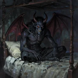 the demon awoke from its slumber beneath the bed frame, digital painting masterpiece, haunting beautiful brush strokes, painted by Moebius and Hayao Miyazaki and Akira Toriyama