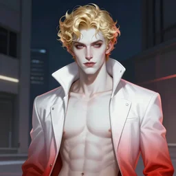 portrait of a beautiful young fit male vampire with curly blond hairs and pale skin, dressed with urban clothes, by Greg Rutkowski and alphonse mucha, d&d character, gradient white to red, night lighting, in front of a modern background, highly detailed portrait, digital painting, artstation, concept art, smooth, sharp focus illustration, Artstation HQ