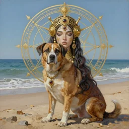hyper realistic painting portrait of a girl and a dog sitting by the beach, occult diagram, elaborate details, detailed face, intrincate ornaments, gold decoration, occult art, oil painting, art noveau, in the style of roberto ferri, gustav moreau, david kassan, bussiere, saturno butto, boris vallejo