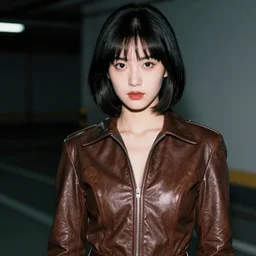 youthful asian blade runner demure, exquisite features, feminine cut, 1 9 7 0's frontiers in flight leather suit, flash photography