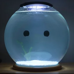 glowing round aquarium with a face inside it realistic