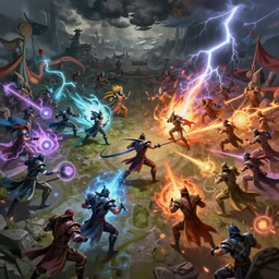 an enourmous battlefield between the forces of the dire versus the forces of the radiant from dota 2, visible are 1 0 heroes from the dota 2 universe, everyone is throwing spells or attacks, vicious fight, dynamic angles, low - angle shot, ominous clouds, lightnings, detailed digital painting,