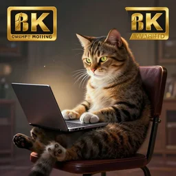 cat sitting in a chair using a laptop, painting, by justine florentino, fantasy art, photo realistic, dynamic lighting, artstation, poster, volumetric lighting, very detailed face, 8 k, award winning