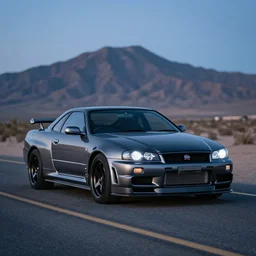 three quarter front photo of a stock dark grey nissan r 3 2 skyline gtr on a road in a desert with a mountain in the background in the early morning, car photography, depth of field, zoom lens, blue hour, photorealistic