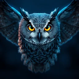 portrait of a gray owl with bright golden eyes flying toward us, blue night lighting, symmetrical, album cover art, highly detailed, digital painting, artstation, concept art, soft focus, cinematic lighting, illustration, art by artgerm and greg rutkowski, alphonse mucha, cgsociety