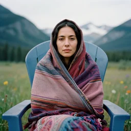 a color photograph, closeup portrait of a woman wrapped in textiles, sitting in a plastic throne, in glacier national park in montana, color photograph, by vincent desiderio, canon eos c 3 0 0, ƒ 1. 8, 3 5 mm, 8 k, medium - format print