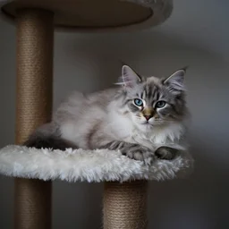 “ fluffy kitten lying on cat tree, cotton, dim lighting, extremely high quality, leica m - a, lux 3 5 fle, portra 8 0 0 ”