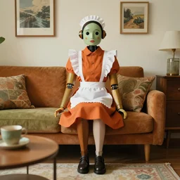 robot maid in a mid century modern living room, burnt orange, olive green, earth tones, retro future magazine photo