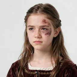 sixteen year old, pretty medieval girl with a large ugly birthmark covering half her face, unhappy expression, photography, award - winning, close up, shallow depth of field, highly detailed, dark hair, realistic, forest background