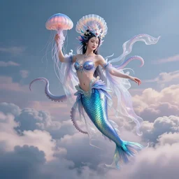 Full body photo of the most beautiful goddess, she has a jellyfish-phoenix head's and a siren body, some tentacles are touching her, she flying to heaven over the soft clouds, by Tooth Wu, trending on Artstation, digital art, symmetrical artwork, cinematic, hyper realism, high detail, octane render, 4k, 8k