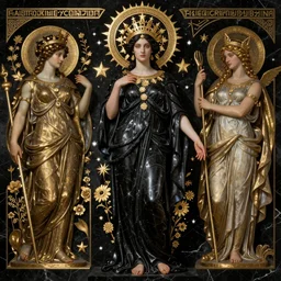 saint woman, halo, venus, athena, queen, by annie swynnerton and nicholas roerich and jean delville, strong dramatic cinematic lighting, ornate headdress, flowing robes, spines, flowers, stars, lost civilizations, smooth, sharp focus, extremely detailed, ashford black marble, obsidian, gold, space
