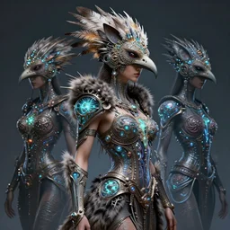 3 d goddess medium shot half - turn portrait with futuristic rococo mycorrhizal fungal bio - communication implants. beautiful intricately detailed avante garde echidna - kookaburra mask and alchemical feather, fur and sorceress outfit. spiny. bioluminescent highlights, polyphony, pulse projections, plasma, global illumination, artwork by tooth wu and wlop and android jones and beetle and greg rutkowsk