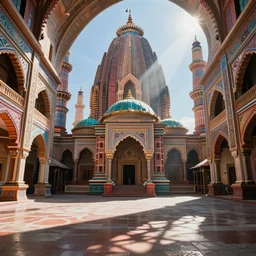 4 k dslr photo of a dramatically lit massive brightly painted great temple inspired by zaha hadid and islamic architecture. sunbeams and shadows volumetric lighting. the room is vast and filled with very ornate structures. shadows on the floor, ancient colors