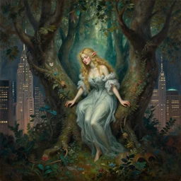 forest spirit lost in a metropolis. this rococo painting by the award - winning artist has dramatic lighting, an interesting color scheme and intricate details.