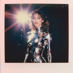 analog vintage photography portrait polaroid of a beautiful slim chrome woman, bright light, lensflare, reflection, red color bleed, heavy film grain, bloom, glow
