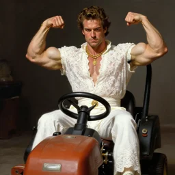 nathan fillion, flexing large muscles, driving a lawnmower, white lace clothing, gold accessories, elegant, highly detailed, digital painting, matte, sharp focus, art by artgerm, frank frzetta, boris vallejo, bouguereau, beksinski, cinematic