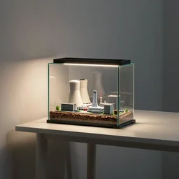 a terrarium with sizewell b nuclear power plant diorama inside on top of a minimalist table, lit from the side