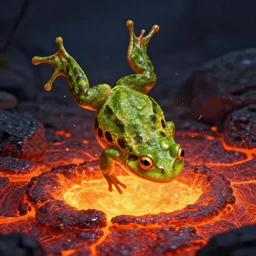 an upside down frog falling into lava