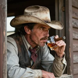 wild west cowboy wearing a heavily worn cowboy hat while holding a cigar, looking out of the window while drinking whiskey, ultra realistic, award winning,