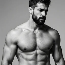 black and white photo of a very muscular man with a beard and a good jawline