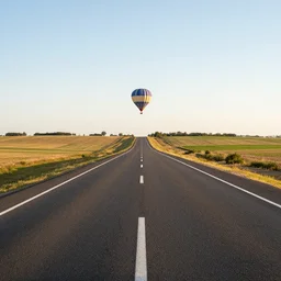 one point perspective of highway leading to hot air balloon in an empty wide field, rule of thirds, no horizon, dead end
