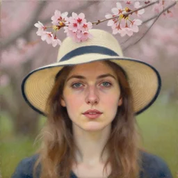 a candid portrait of a european female wearing a hat with sakura on top, naturel, oil on canvas