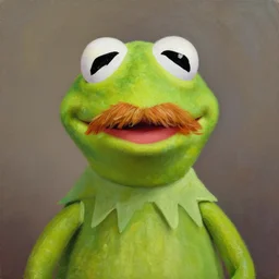 portrait of kermit the frog with large mustache, handlebar mustache, kaiserbart, expressive oil painting