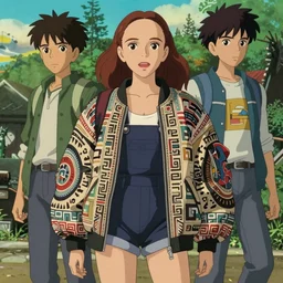 beautiful boyish natalie portman in majora's mask, wearing elegant oversized mayan bomber jacket with overalls and leotard, bulky poofy bomber jacket with mayan patterns, aztec street fashion, gapmoe yandere grimdark, trending on pixiv fanbox, painted by greg rutkowski makoto shinkai takashi takeuchi studio ghibli, akihiko yoshida