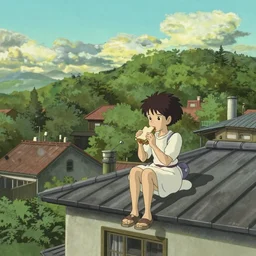 a girl sitting on the roof of a building eating a sandwich, zoomed out, wide shot, far away, art by hayao miyazaki, studio ghibli film, hi res, 4k, high detail