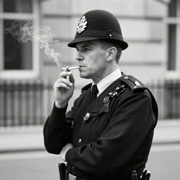 a black and white photograph of a british police officer smoking a cigarette down an alley, street photography, 3 5 mm film, london, war on drugs