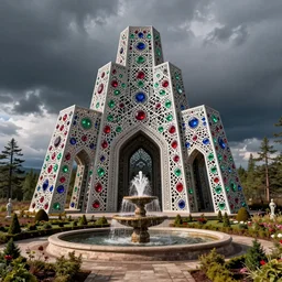 brutalist spomenik structure, taiga landscape, rococo garden fountain, by Roger Dean, by Dean Ellis, intricate geometric lace with rubies, emeralds, sapphires