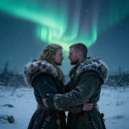 cinematic shot epic portrait an viking couple embracing during snowy winter weather at the night sky of northern lights, blizzardy, glowing, broad light, ambient occlusion, volumetric light effect, made by ivan aivazovsky, peter mohrbacher, greg rutkowski, matte painting, trending on artstation, 4 k, perfectly defined features, digital painting, cinematic, epic, highly detailed,