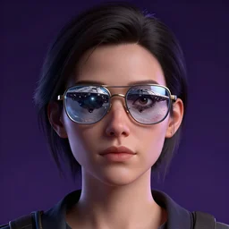 a realistic detailed portrait of a woman wearing broken glasses reflecting a giant spaceship, dark purple background, artstation, volumetric lighting
