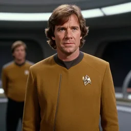 Han Solo in the role of Captain Kirk in a scene from Star Trek the original series