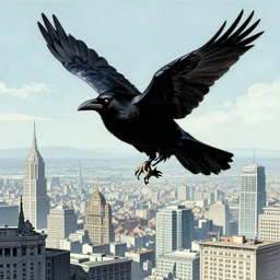 a levitating raven city, sci - fi by moebius