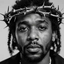 A closeup photo of Kendrick Lamar wearing a crown of thorns with tears running down his eyes, 8K, black and white