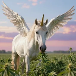a unicorn with wings eating in a field of marijuana, colorful sky, art by artgerm and greg rutkowski and alphonse mucha, concept art, octane render, unreal engine 5, highly detailed, high quality, 8 k, soft lighting, realistic face, path traced