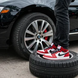 luxury cars with their tires replaced by human legs wearing red nike shoes