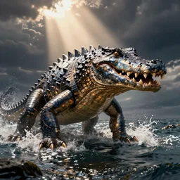 ocean monster iron crocodile dramatic lighting establishing shot extremely high detail foto realistic cinematic lighting post processed