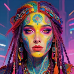 colorful character portrait of a hippie from the future, set in the future 2 1 5 0 | highly detailed face | very intricate | symmetrical | professional model | cinematic lighting | award - winning | painted by mandy jurgens | pan futurism, dystopian, bold colors, cyberpunk, groovy vibe, anime aesthestic | featured on artstation