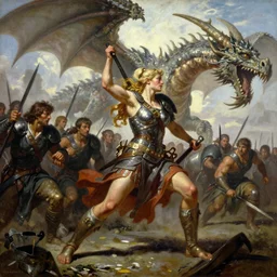 A beautiful oil painting of a viking woman charging into battle, by Lucas Graciano, Frank Frazetta, Greg Rutkowski, Boris Vallejo, epic fantasy character art, goddess of war, high fantasy, Exquisite detail, post-processing, low angle, masterpiece, cinematic, colossal dragon as background
