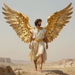 angel Rami Malek with golden-feather wings. Ancient greek clothes. Distant full body shot. Artwork by Alex Ross